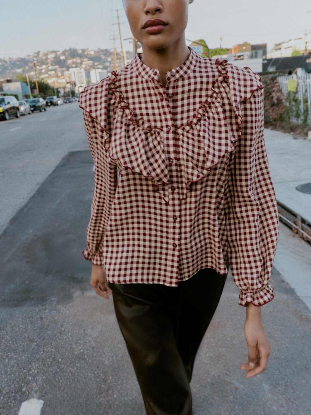 Zara Plaid Ruffled Blouse Burgundy NWT